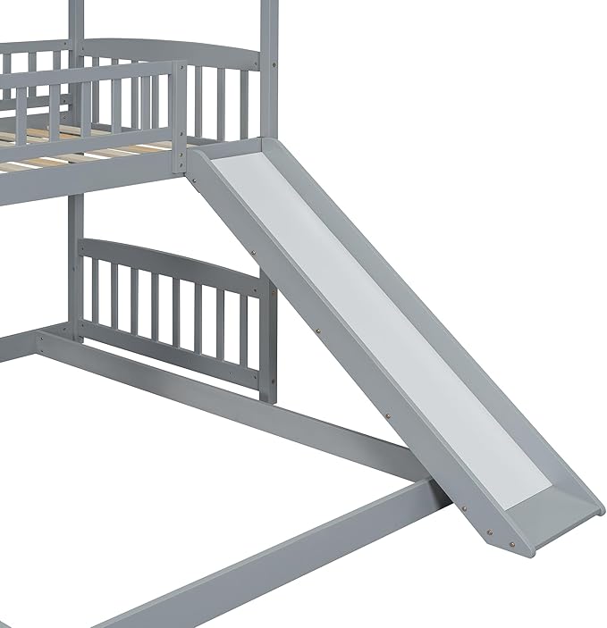 MERITLINE Twin Over Full L Shaped Bunk Bed for 2,Solid Wood House Floor Bunk Bed with Slide and Storage Stairs,No Box Spring Needed (Grey)