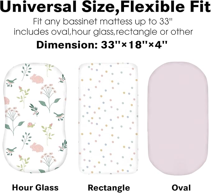 Little Grape Land Bassinet Sheets for Baby Boys Girls 3 Pack, 33" x 18" Extra Soft Breathable Fitted Bassinet Sheets, Bedside Sheets Fit for Oval Rectangle and Hourglass Bassinet Mattress (Bunny)