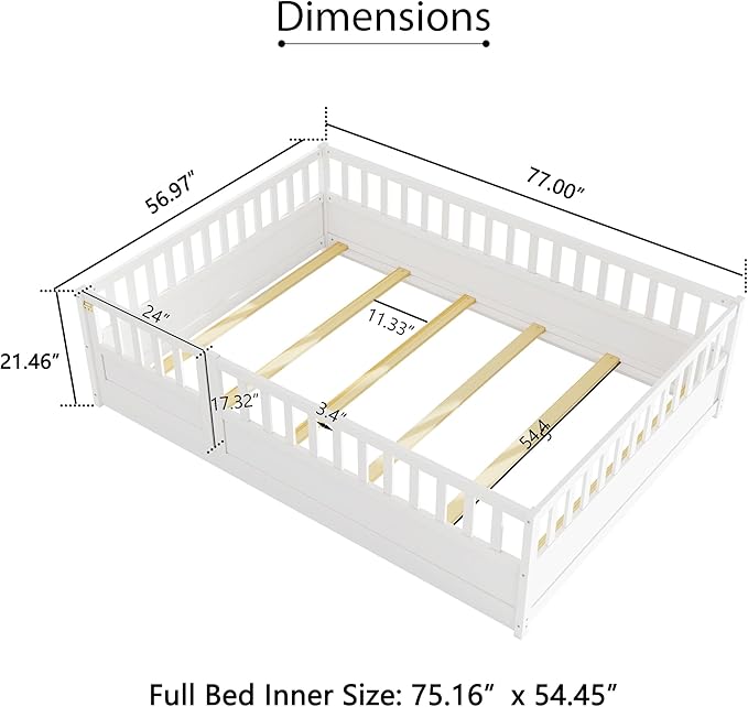 Bellemave Full Floor Bed with Slats and High Fence, Full Size Montessori Floor Beds with Door, No Box Spring Needed, Easy Assemble Montessori Bed Frame(White Full)