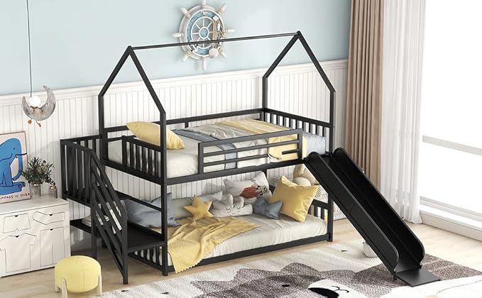 MERITLINE Metal Bunk Bed Twin Over Twin Bunk Bed Frame with Slide and Stairway,Twin Over House Bed with Guardrails