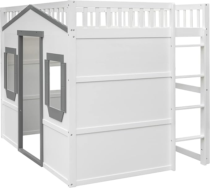 Full Size Loft Bed with Safety Guardrail for Kids Boys Girls, Playhouse Design Solid Wood Loft Bed Frame with Ladder and Windows, Strong Wood Slats Support, Space-Saving (White+Gray)