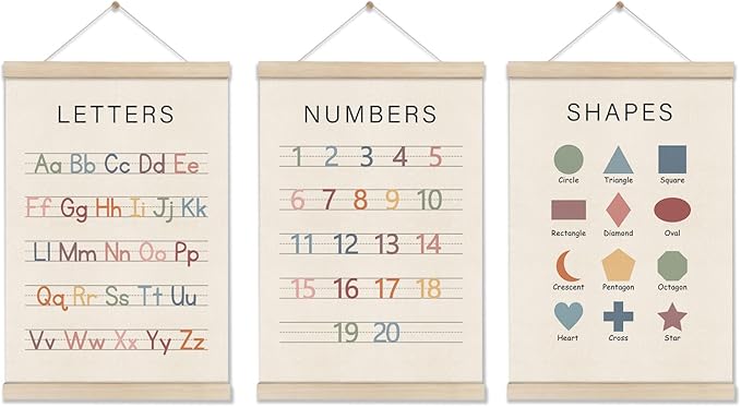 Set of 3 Alphabet Numbers Poster Hanger Frame, Preschool Learning Posters, Educational Canvas Wall Art, Montessori Nursery Wall, Toddler Room Decor for Boys Girls 16x12 Inch, Boho Classroom Decor
