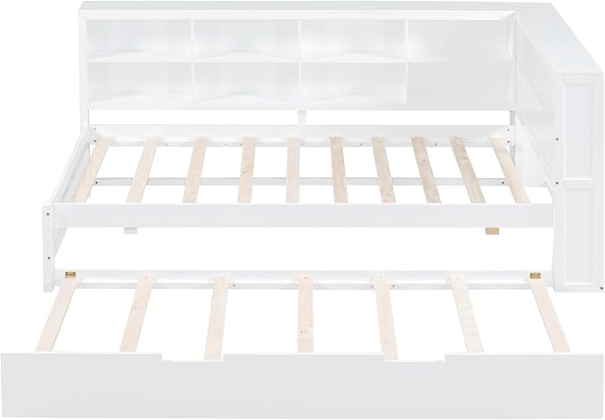 Harper & Bright Designs Twin Size Daybed with Trundle and Charging Station, Wooden Twin Storage Bed Frame with L-Shaped Bookcases, Twin Platform Bed with Shelves for Kids Girls Boys, White
