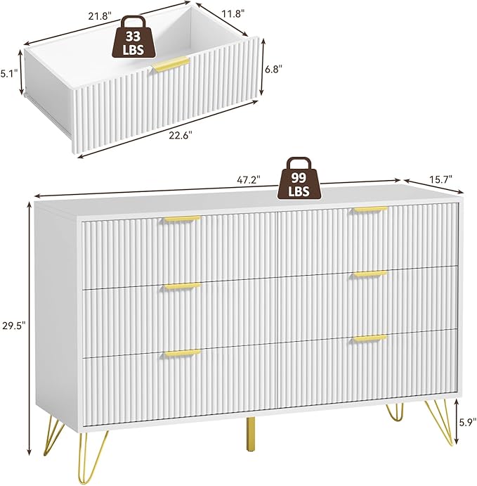 LYNSOM Fluted Dresser for Bedroom, White 6 Drawer Dresser with Gold Handles and Wide Drawers, Wood Chest of Drawers for Bedroom, Hallway