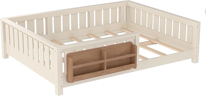 Bellemave Full Size Floor Bed with high Rails and with Built-in Bookshelf for Kids, Girls, Boys, Wood Montessori Floor Bed Without Door, Beige