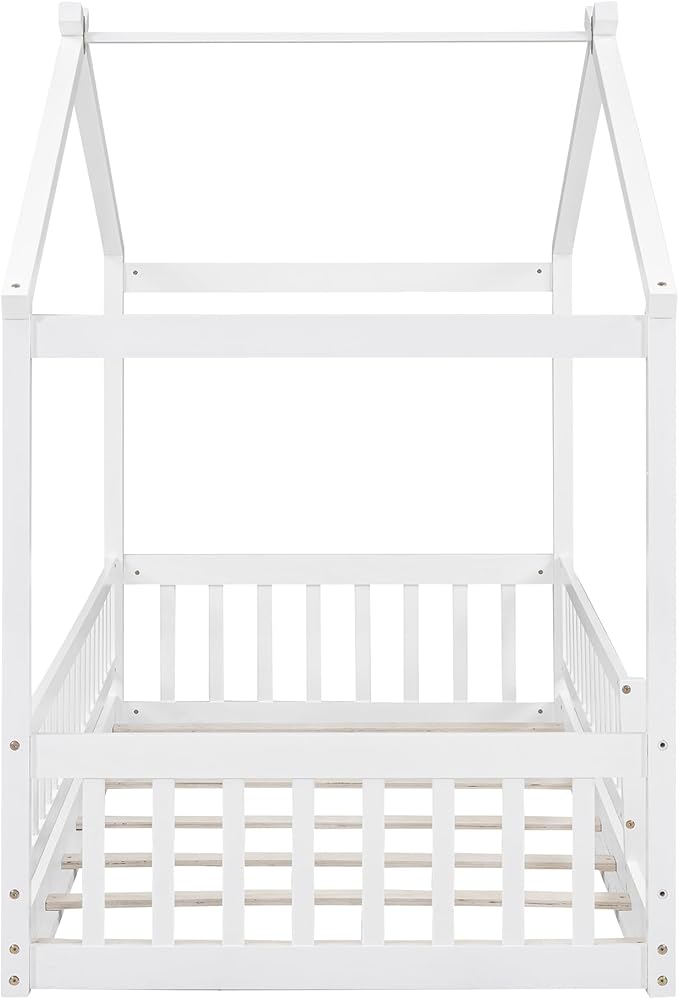 Merax Twin Size Wooden House Bed with Fence, Wood Bed Frame with Roof and Safety Guardrail for Kids, Teens, Boys or Girls, White
