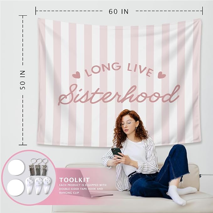LIANGW Preppy Long Live Sisterhood Pink Striped Girls Room Decor - Tapestry Aesthetic for Bedroom, Coquette Preppy Room Decor for Girly Nursery Toddler Playroom Bedroom Dorm Apartment 50x60 inches