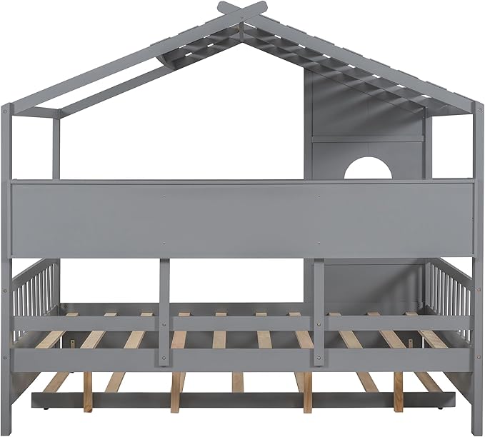 Linique Wooden Full Size House Bed with Trundle and Storage Shelf,Modern Design Full Platform Bed Frame with Pitched Roof(Gray)