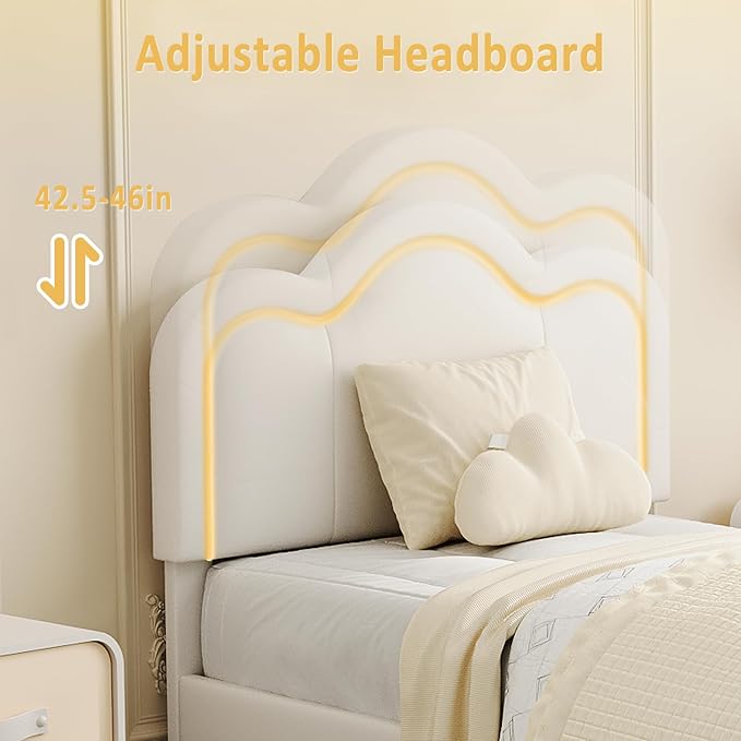 GarveeHome Twin Upholstered LED Bed Frame with Headboard, Faux Leather Princess Platform Bed Fram for Kids, Wooden Slats Support, No Box Spring Needed (Cream with Drawer, Twin)
