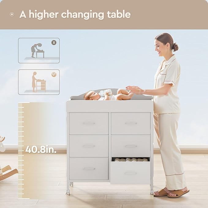 Baby Changing Table Dresser with Wheels, 6-Fabric Drawer Baby Dresser with Changing Table Top, Waterproof Diaper Changing Station & Pad, Mobile Storage Unit, Compact Baby Furniture, White