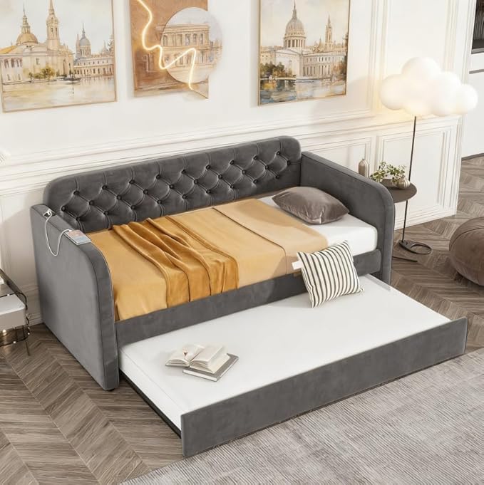 Bellemave Twin Upholstered daybed with Trundle and USB Charging, Velvet Tufted Sofa Bed Twin Size, daybed with Trundle for Adults, Kids, Girls, Teens, for Living Room, Dark Grey