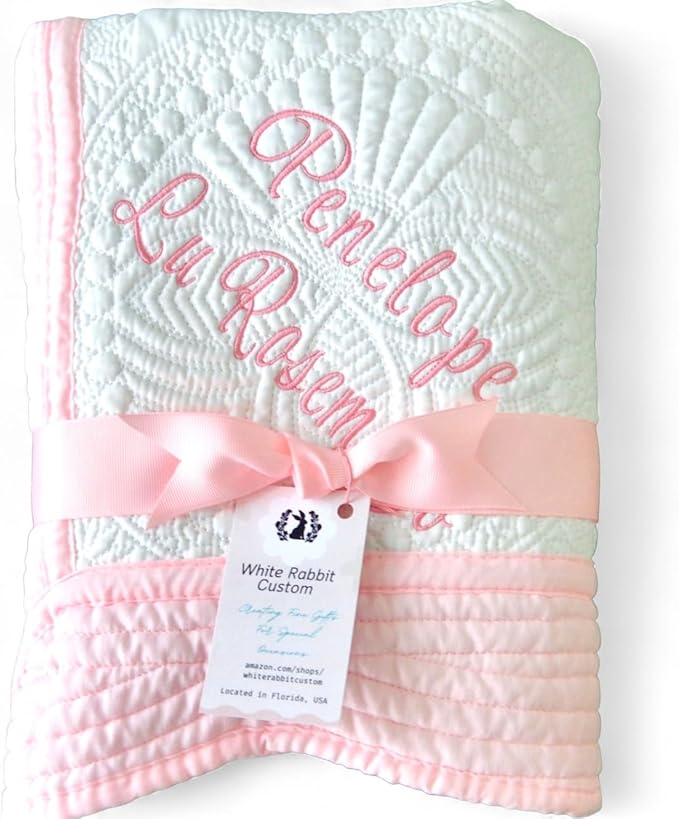 Personalized Baby Bed Blanket Quilt with Name Date Newborn Gift Girl Boy Crib Size White Custom Pink Blue White Embroidered Nursery