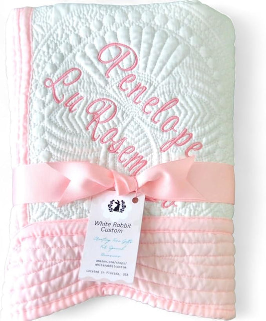 Personalized Baby Bed Blanket Quilt with Name Date Newborn Gift Girl Boy Crib Size White Custom Pink Blue White Embroidered Nursery