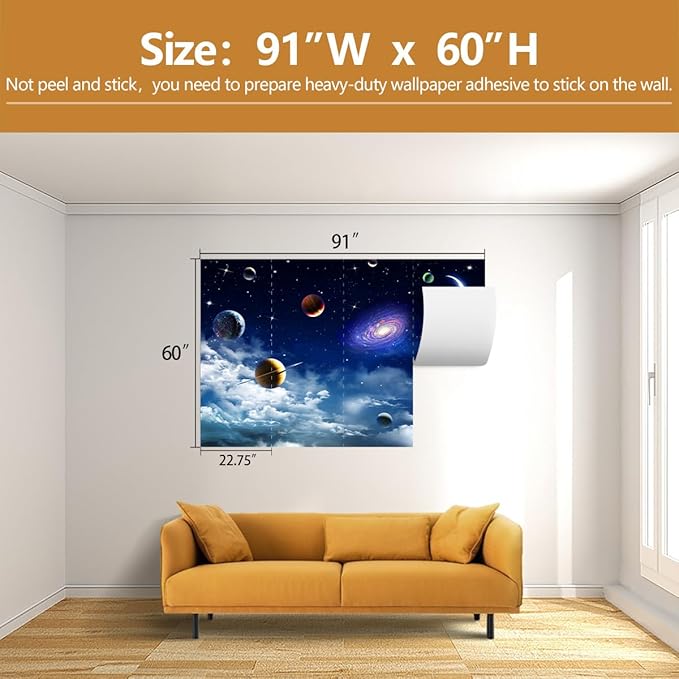 Galaxy Planet Wallpaper Blue Sky Stars Moon Ceiling Wall Mural for Living Room Bedroom（Not Peel and Stick）