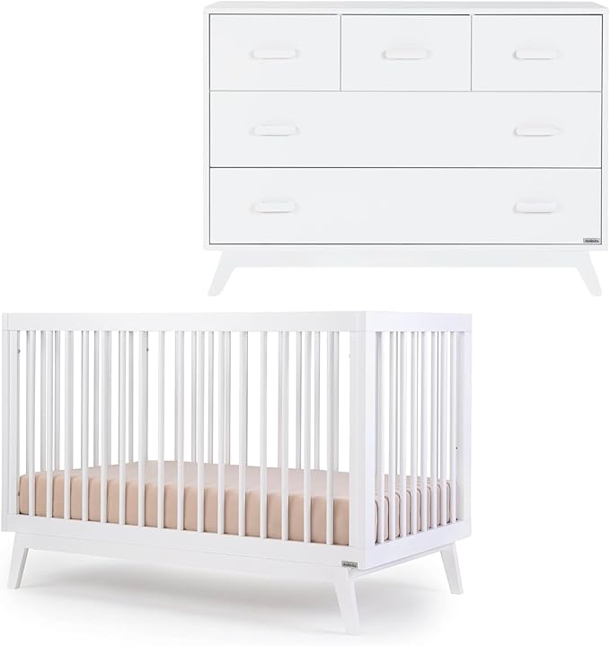 dadada Soho Baby Nursery Furniture Set. Baby Crib and Dresser Set Combo. Soho 3 in 1 Convertible Crib and 5 Drawer Nursery Dresser. White Beechwood