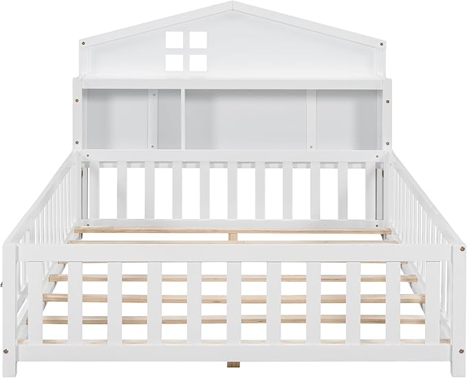 Bellemave Full Size Floor Bed for Kids, Girls, Boys, Solid Wood Montessori Bed with Storage headboard, Door, Storage, White