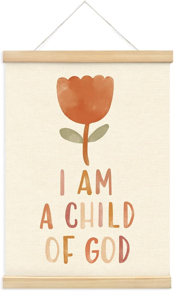 PLKMN Christian Nursery Wall Decor, I am a Child of God Wall Art with Wooden Poster Hanger, Boho Floral Christian Wall Decor for Nursery Kids Room Sunday School Preschool Classroom, 12x16 Inch