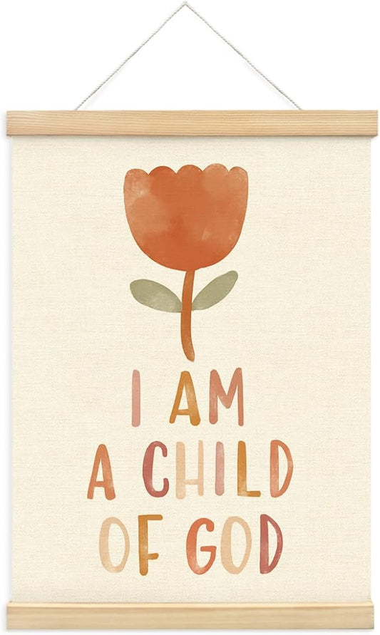 PLKMN Christian Nursery Wall Decor, I am a Child of God Wall Art with Wooden Poster Hanger, Boho Floral Christian Wall Decor for Nursery Kids Room Sunday School Preschool Classroom, 12x16 Inch