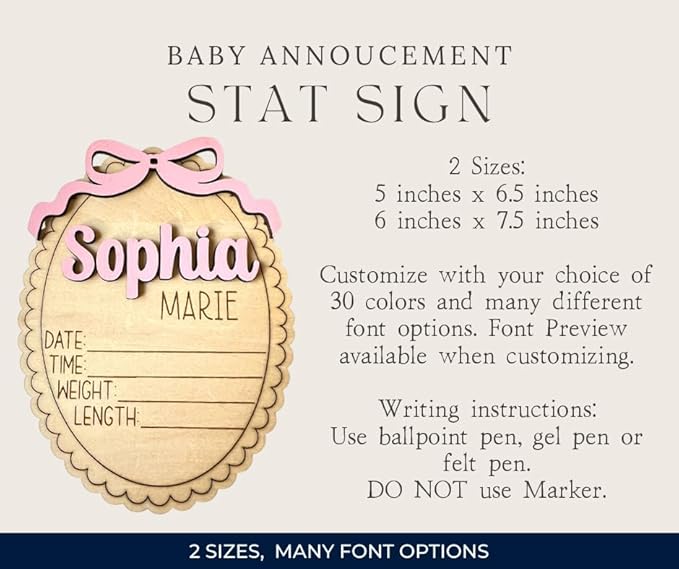 Personalized Baby Announcement Sign with Bow, Custom 3D Layered Scalloped Edge Name & Birth Stat Board for Newborn Photos (Stat Sign)