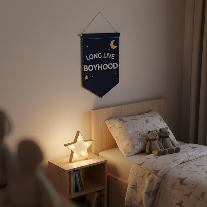 Long Live Boyhood Banner – Double Sided Day & Night Linen-Look Canvas Wall Hanging Flag for Boys Room Decor, Toddler Nursery, Kids Playroom, Bedroom Pennant