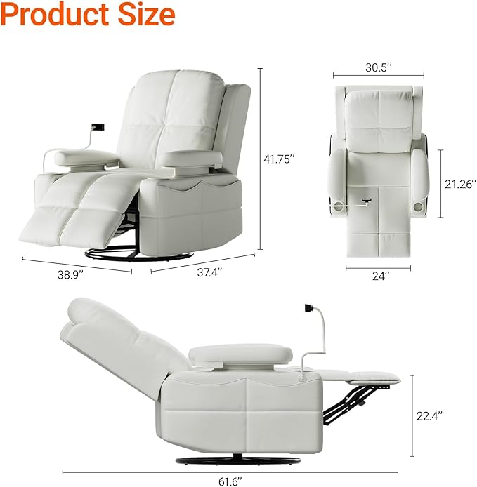 MAMAZING Oversized Rocking Chair Nursery with Adjustable Armrests, Electric Glider Recliner Nursing Chair for Breastfeeding, Power Swivel Recliner Chairs, Oeko-TEX & FSC Certified (Off White)