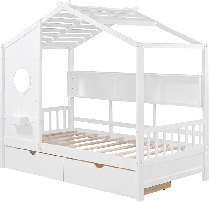 Merax Twin Size House Bed with 2 Drawers for Kids, Twin House Shaped Bed Frame with Storage Shelf for Boys Girls, Wooden Bed Frame Twin Size with Roof, No Box Spring Needed, White