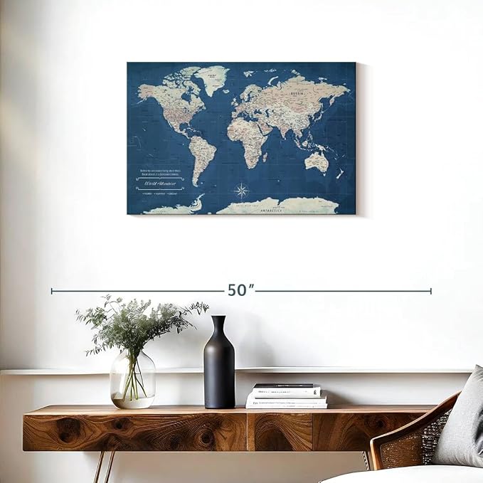 ElephantStock - World Adventures Push Pin Travel Map I Wall Art - Horizontal Canvas Wall Art - Living Room Wall Decor - Printmaking Map Canvas Art - Blue And Beige Decor - 30" x 20"