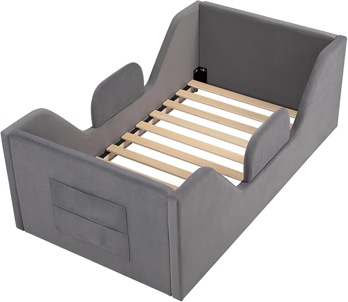 Toddler Floor Bed with Removable Safety Rails and Storage Bag, Kids Bed for Girl and Boys, Standard Crib Size, Safety Upholstered Child Beds, Low to Floor Design