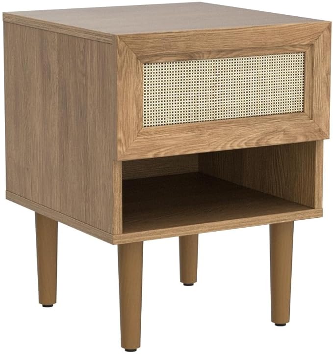mopio Haylee Rattan Side Table, Small Accent Tables for Living Room, Mid Century Modern Night Stand, Bedside Tables, Wood Nightstands for Bedroom (Oak, Single)