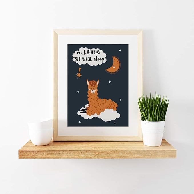 Andaz Press Nursery Kids Room Scandinavian Hello Llama Wall Art Decor Poster Prints, 8.5 x 11-inch, Scandinavian Cool Kids Never Sleep Llama Graphic, 1-Pack, Unframed