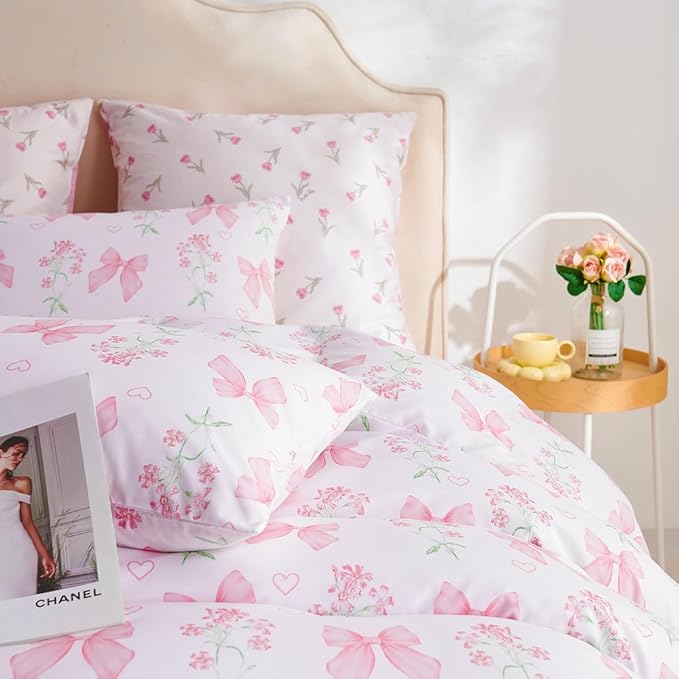 Duvet Cover King 3Pcs Pink Floral Bow Bedding Set for Girls Kids, Romantic Princess Style Bowknot Bedding, Ultra Soft Reversible Garden Flower Duvet Cover Set(2 Pillowcases,No Comforter)