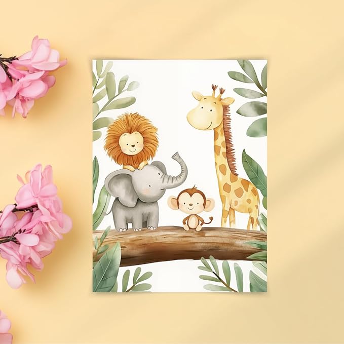 5x7 Safari Animal Friends Watercolor Print, Jungle Animals Kids Room Art, Neutral Safari Nursery Decor, UNFRAMED