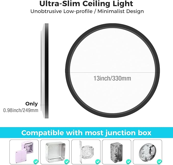 Libtit 13 Inch Black Flush Mount Ceiling Light - 3 Pack, 3200LM, Low-Profile LED Light Fixture for Bedroom, Kitchen, Living Room