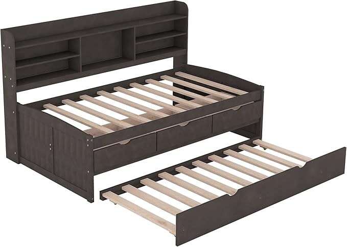 Harper & Bright Designs Twin Size Captain Bed with Built-in Bookshelves/3 Storage Drawers/Trundle, Wooden Twin Daybed Bed Frame for Kids Teens Dorm Bedroom Multipurpose Guest Room, Antique Gray