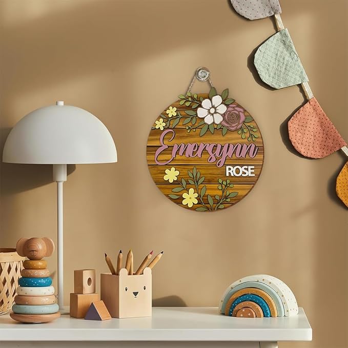 Personalized Wooden Name Sign with Floral Design | Custom Door Sign for Nursery Wall Decor, Bedroom Wall Art, Girls Room Decoration, Playroom Wall Hanging