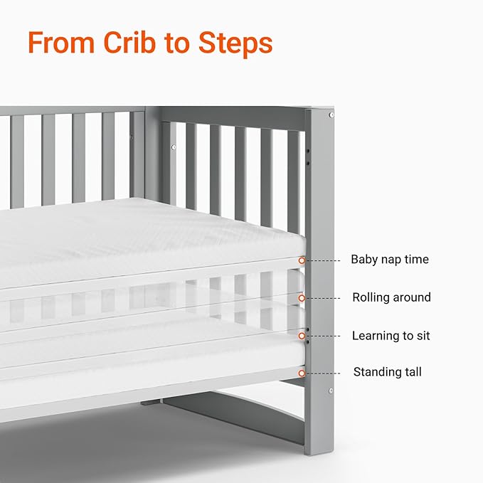 MAMAZING EvoNest Baby Crib, 6 in 1 Convertible Mini Crib with Wheels, 100% New Zealand Wood Growing Bed, 4 Adjustable Mattress Height, GREENGUARD Gold Certified, Grey