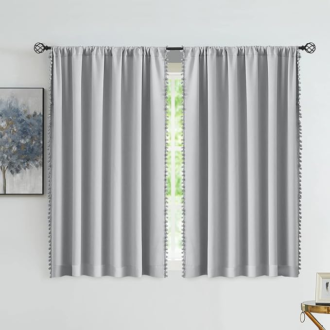Treatmentex Pompom Full Blackout Curtains Grey Window Curtains for Basement 54 inches Thermal Insulated Room Darkening Curtain Drapes for Nursery 2 Panels