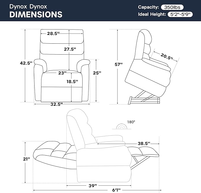 DYNOX 350 LBS Power Lift Recliner Chair for Elderly, Medium Size Dual Motor Lay Flat Infinite Positions Recliner with Heat & Massage(9188,Chenille,Dark Blue)