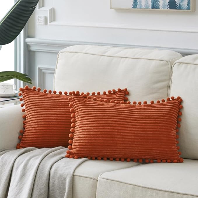 Fancy Homi 2 Pack Burnt Orange Lumbar Decorative Throw Pillow Covers 12x20 Inch with Pom-poms for Couch Bedroom Sofa, Soft Corduroy Rectangle Cushion Case 30x50 cm, Farmhouse Boho Fall Home Decor