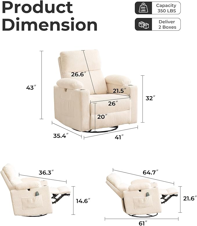 Oversized Power Recliner Chair Swivel Glider with Massage and Heat, Swivel Rocker Recliner with Adjustable Armrests, Nursery Chair with Adjustable Headrest, Rocker Nursery Recliner, Corduroy Beige