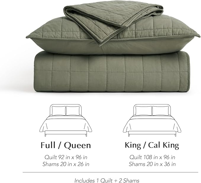 EVERGRACEHOME 100% Cotton Box Stitch Quilt Bedding Set Queen Size 3 Pieces, Garment-Washed Lightweight Soft Cozy Coverlet, Quilted Bedspread Sets with 2 Shams for All Season, Olive Green