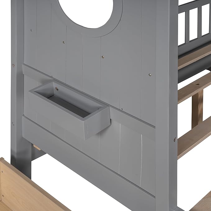 Full Size House Bed with 2 Drawers and Storage Shelf, Playhouse Design Solid Wood Kids Platform Bed Frame for Girls Boys, Decorable Daybed with Sturdy Slats Support, Space-Saving (AF-Gray)