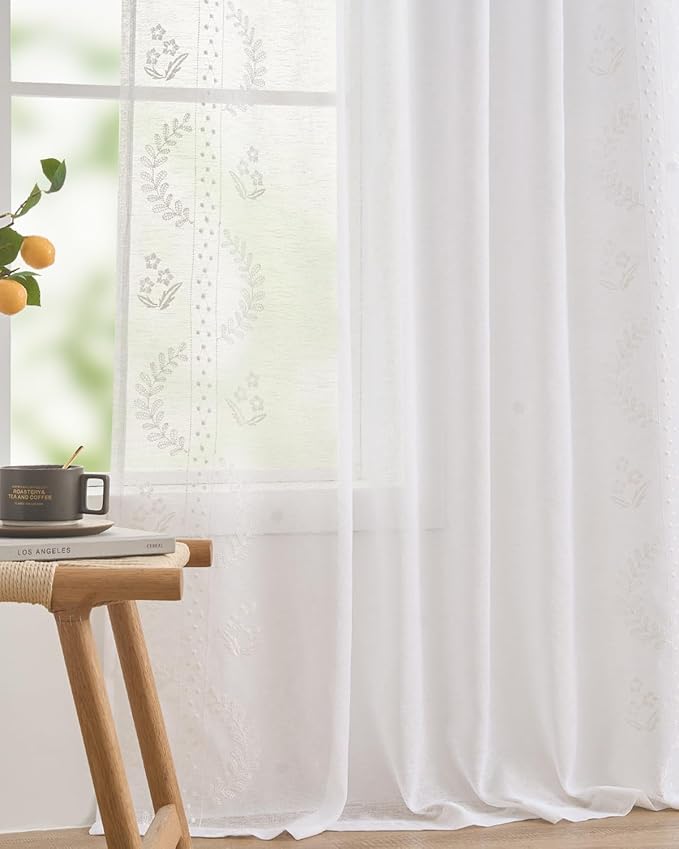 jinchan Belrose Linen Sheer Curtains for Living Room 84 Inch Length Sheer Voile Embroidered Floral Curtains for Bedroom Light Filtering Rod Pocket Window Treatments Farmhouse Decor 2 Panels White