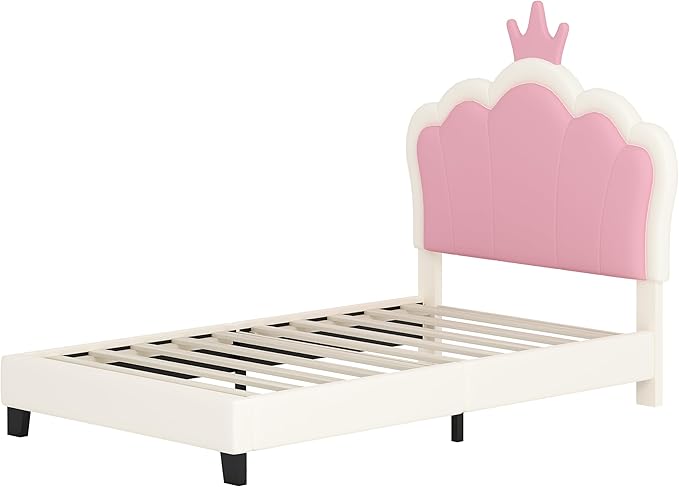 Bellemave Twin Size Princess Bed Frame with Crown Shaped Headboard for Kids,Upholstered Platform Bed with Slats Support,Twin Girls Bed,White