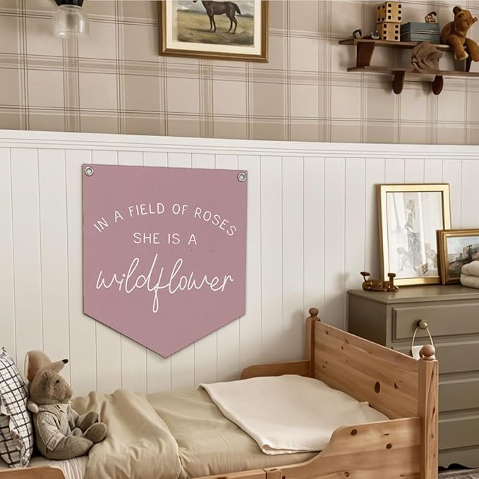 Wildflower Nursery Decor, Girls Room Decor, In a Field Full of Roses She Is a Wildflower Banner, Pink Linen Banner Flag Decor for Little Girl Baby Girl 14.5x12.6 in