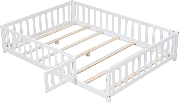 Full Size Floor Platform Bed with Fence and Lockable Door, Wood Montessori Bed Frame with Slat Support for Kids,Girls,Boys, Easy to Assemble,White
