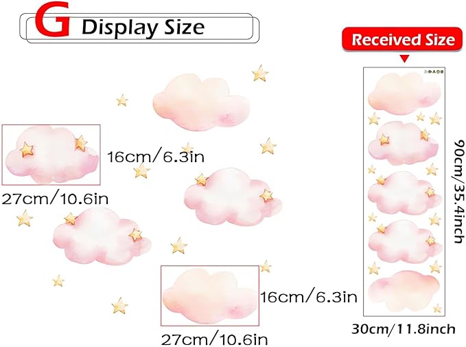 Pink Clouds and Stars Wall Stickers, sacinora Cartoon DIY Art Wall Decals Removable Vinyl Peel and Stick for Kids Baby Nursery Living Room Bedroom Children's Room Playroom Decorations