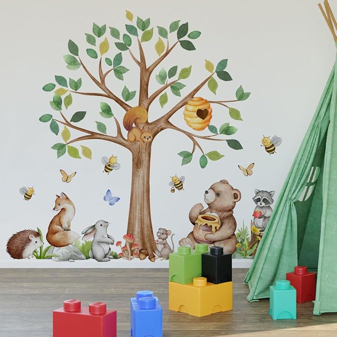 Large Woodland Animals Tree Wall Decal Set, Forest Tree with Bear Fox Bee Wall Stickers for Nursery Kids Bedroom Wall Decor, 55.51x44.49 inches