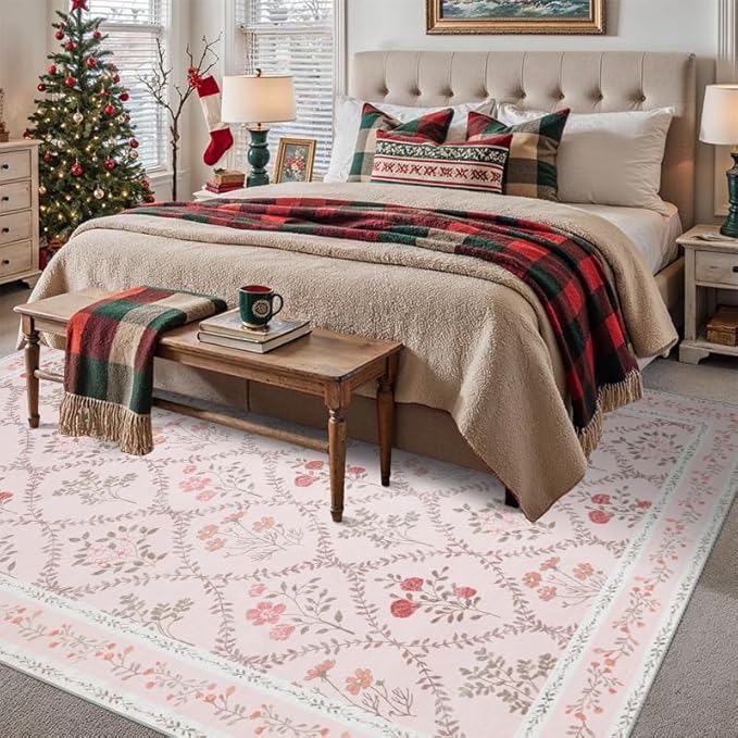 YIHOUSE Pink Floral Print Rugs, Moroccan Trellis 9x12 Washable Large Rug, Modern Pastel Non Slip Ultra-Thin Area Rug for Classroom, Nursery Playroom,Dorm,Bedroom,Living Room, Pink Multi