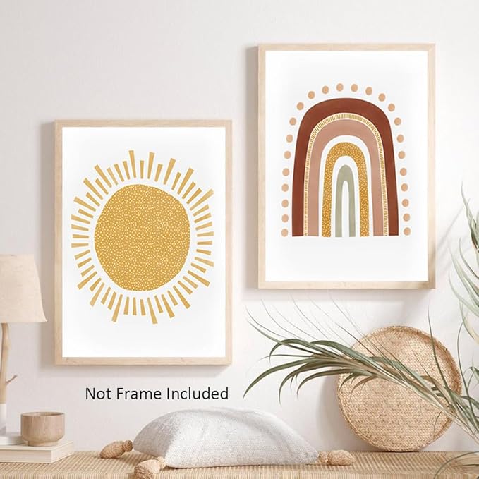 LUHDFYS Boho Wall Art Print,Mid Century Modern Abstract Rainbow and Sun Canvas Wall Art,Minimalist Nursery Decor for Baby Room,Kids Home Decor,Unframed